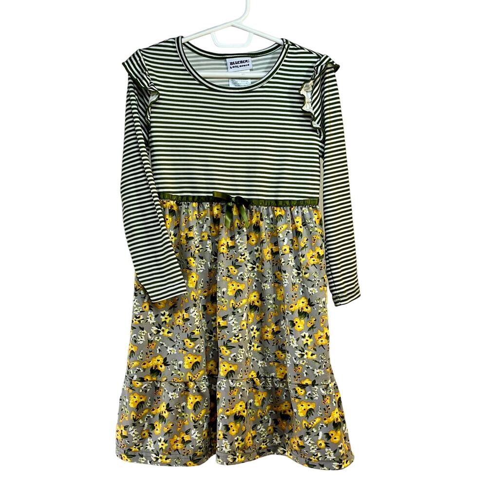 Blueberi Boulevard Girls 6X Dress Knee Length Ruffle Sleeve Green Stripe Floral